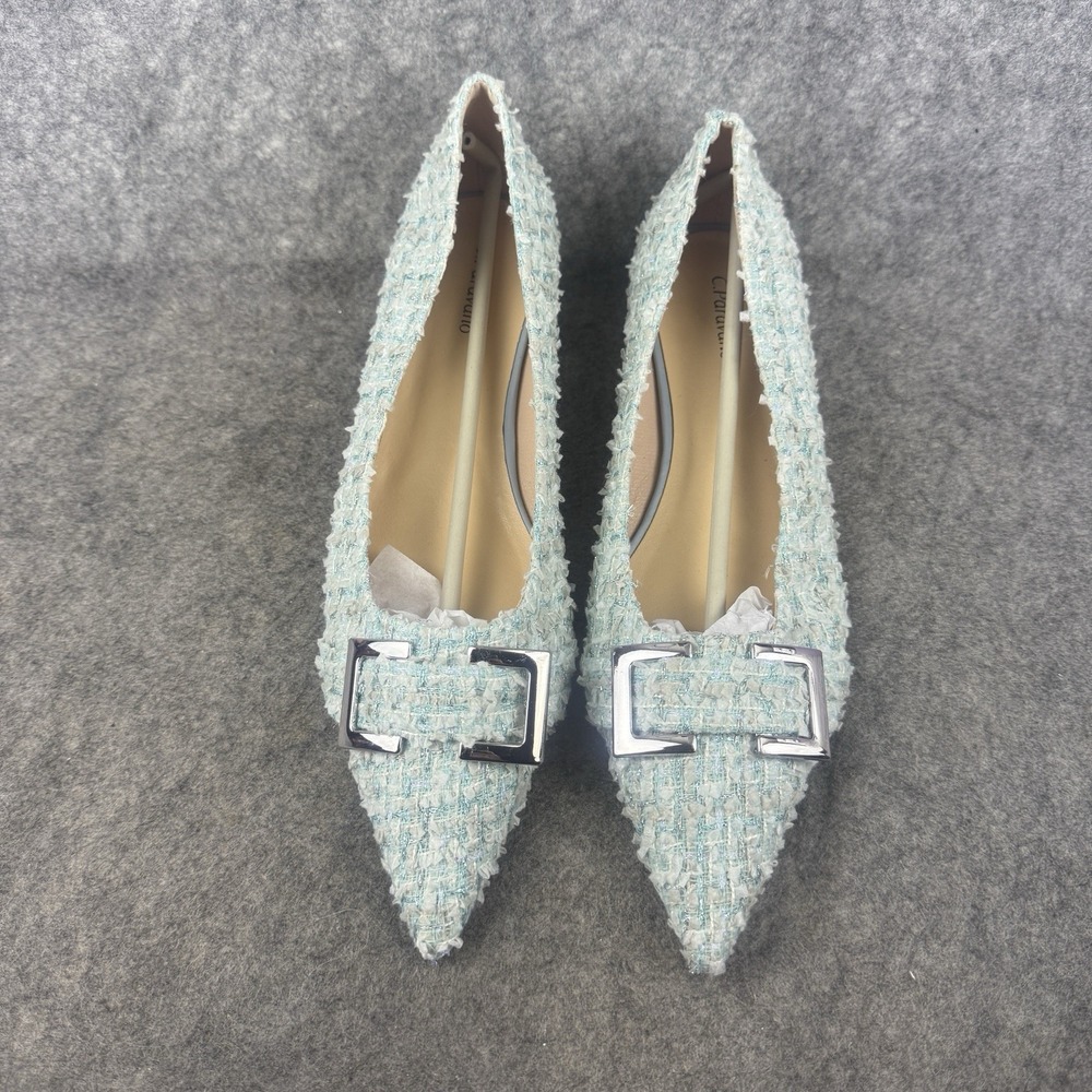 C.‎ Paravano Metal Buckle Pointed Toe Flats (Aida) Textured Blue Tweed 42 NEW
